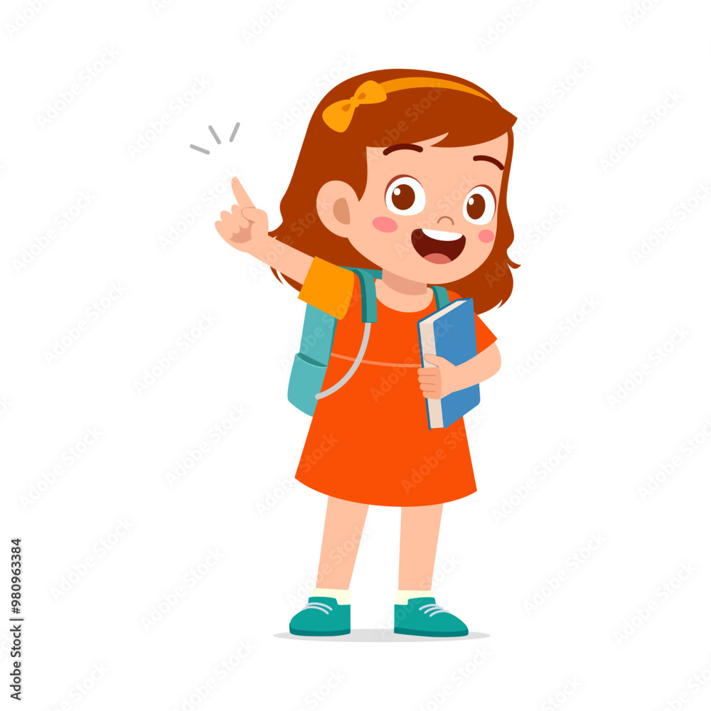 little kid showing pointing hand gesture and wearing backpack little kid showing pointing hand gesture and wearing backpack