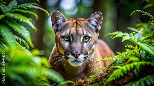 Powerful cougar slinks silently through dense undergrowth, its piercing gaze searching for prey. photo