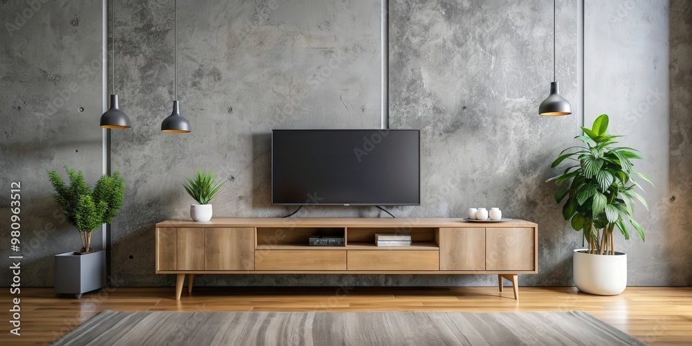Modern bureau or tv console mockup in empty living room with concrete wall, rendering, mockup, modern Modern bureau or tv console mockup in empty living room with concrete wall, rendering, mockup, modern