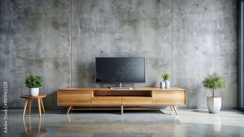 Modern bureau or tv console mockup in empty room with concrete floor, furniture, interior design, home decor