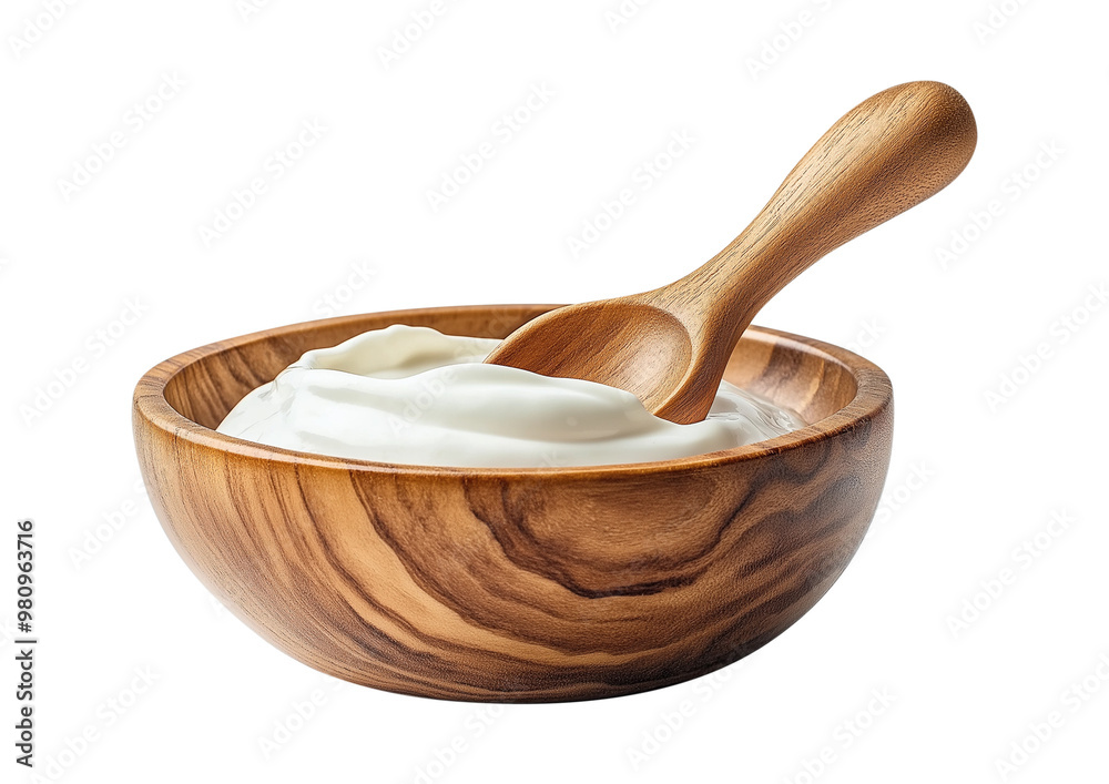 A high-quality image featuring a wooden bowl filled with creamy Greek yogurt, accompanied by a matching wooden spoon. A high-quality image featuring a wooden bowl filled with creamy Greek yogurt, accompanied by a matching wooden spoon.
