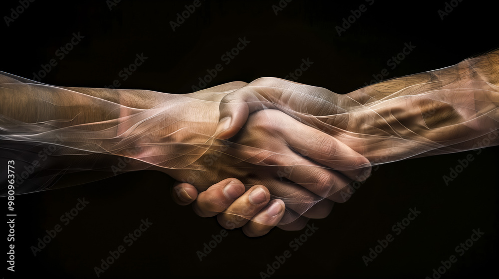Fototapeta premium Artistic handshake with abstract overlay on dark background