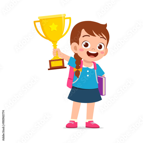 little kid holding golden trophy and wearing backpack