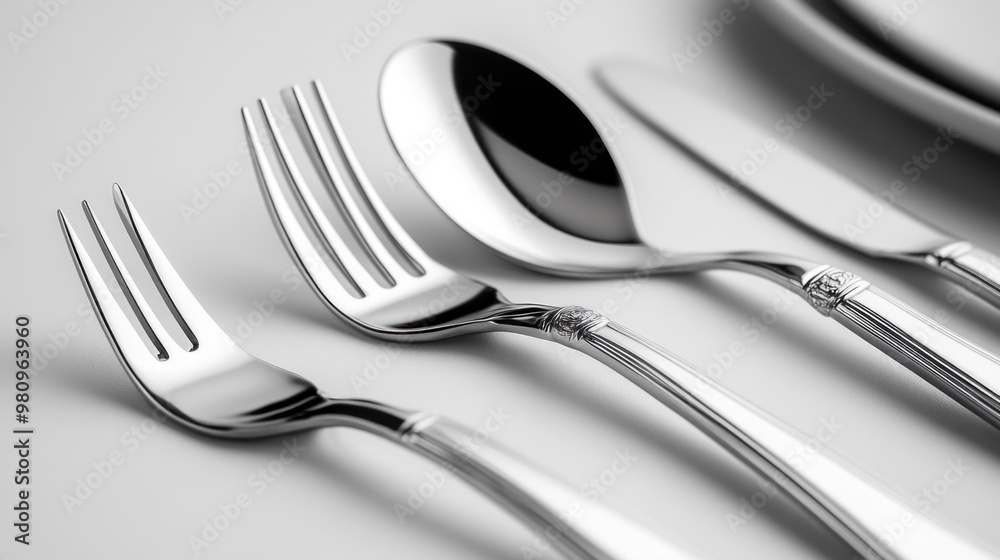 A collection of polished cutlery arranged neatly on a surface. A collection of polished cutlery arranged neatly on a surface.