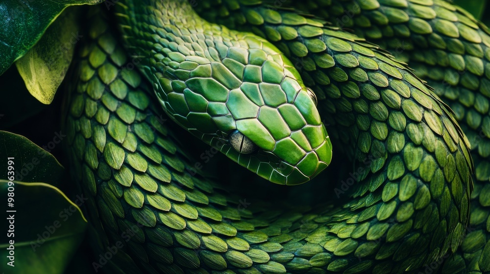 Fototapeta premium background of green tree snake coils, high detail