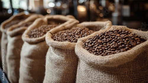 Burlap sacks filled with freshly harvested coffee beans in a coffee roasting factory, capturing the raw, authentic process of coffee making.