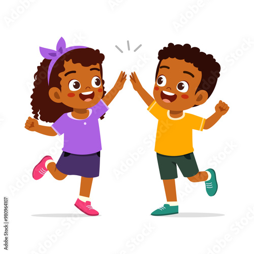 little kid do high five with friend and feel happy