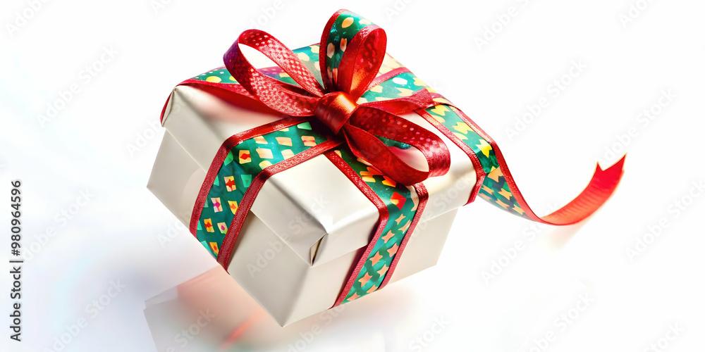 Flying Christmas Gift Box with Colorful Ribbon Isolated on White Background - Festive Holiday Concept for Gift Promotions and Seasonal Designs Flying Christmas Gift Box with Colorful Ribbon Isolated on White Background - Festive Holiday Concept for Gift Promotions and Seasonal Designs