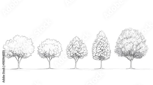 Architectural Drawings, Minimal style cad tree line drawing, Side view, set of graphics trees elements outline symbol for landscape design drawing. Vector illustration