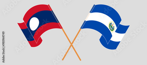 Crossed and waving flags of Laos and Republic of El Salvador. Vector illustration