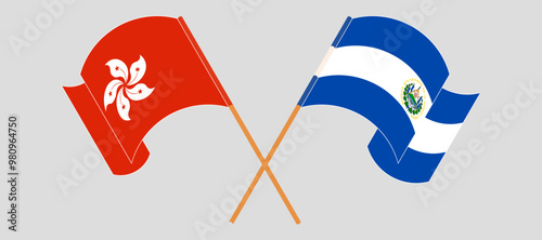 Crossed and waving flags of Hong Kong and Republic of El Salvador. Vector illustration