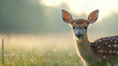 A deer peacefully chewing on grass with its ears perked up, surrounded by a serene countryside landscape bathed in warm sunlight.