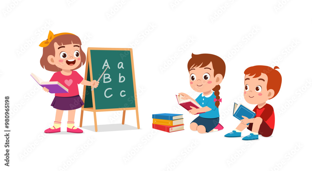 little kid writing on blackboard with chalk to teach friend little kid writing on blackboard with chalk to teach friend