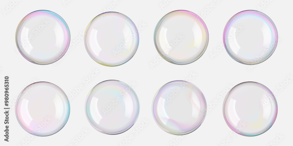 Soap 3d bubble vector set of sphere and circle. Glass foam float on white. Rainbow gradient ball flare, liquid drop air blown. Reflect white lights. Realistic shampoo, purified clean and clear water