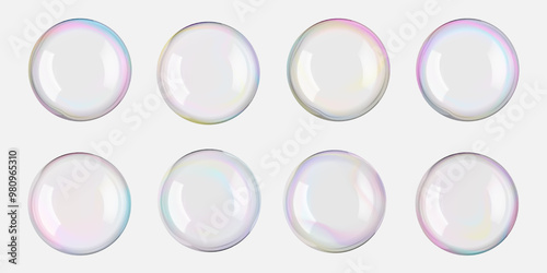 Soap 3d bubble vector set of sphere and circle. Glass foam float on white. Rainbow gradient ball flare, liquid drop air blown. Reflect white lights. Realistic shampoo, purified clean and clear water