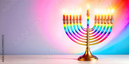 Glowing Menorah with Abstract Rainbow Light Streaks - Vibrant Digital Art for Hanukkah Celebrations and Holiday Advertisements