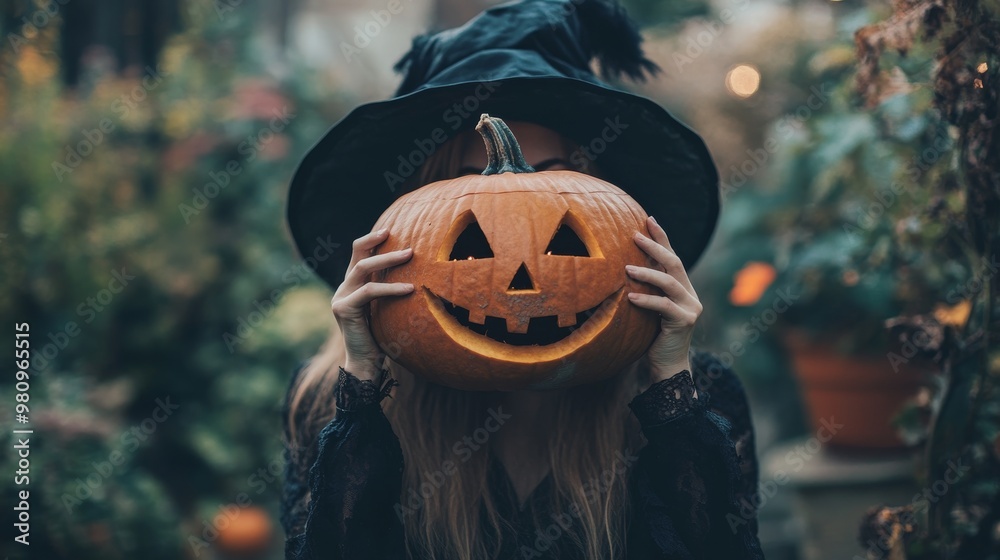 Naklejka premium woman in witch costume holding jack o pumpkin