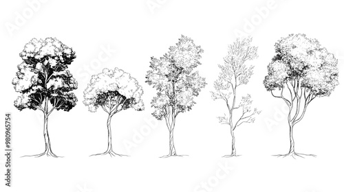 Architectural Drawings, Minimal style cad tree line drawing, Side view, set of graphics trees elements outline symbol for landscape design drawing. Vector illustration