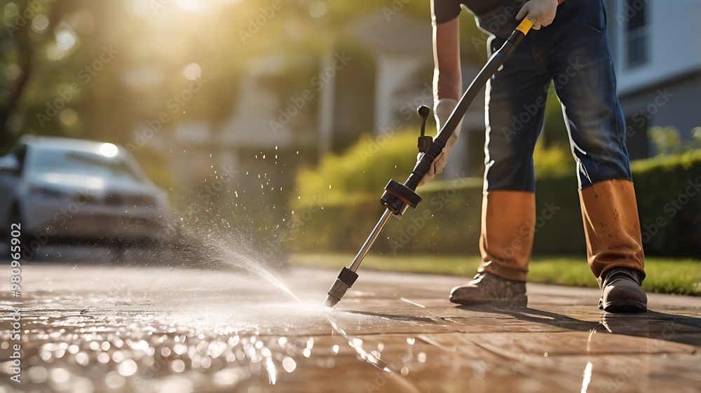 Obraz premium Professional cleaning service provided by workers using a pressure washer to clean the driveway