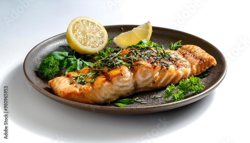 Grilled Salmon Fillet with Lemon and Herbs on a Plate