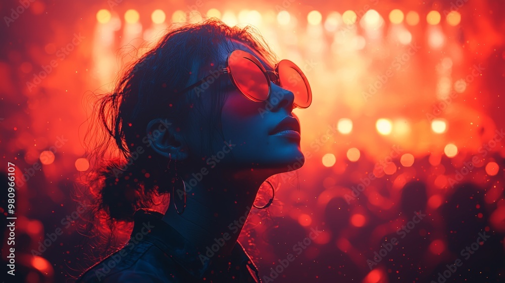 Stylish Woman Enjoying Concert Atmosphere at Night Stylish Woman Enjoying Concert Atmosphere at Night