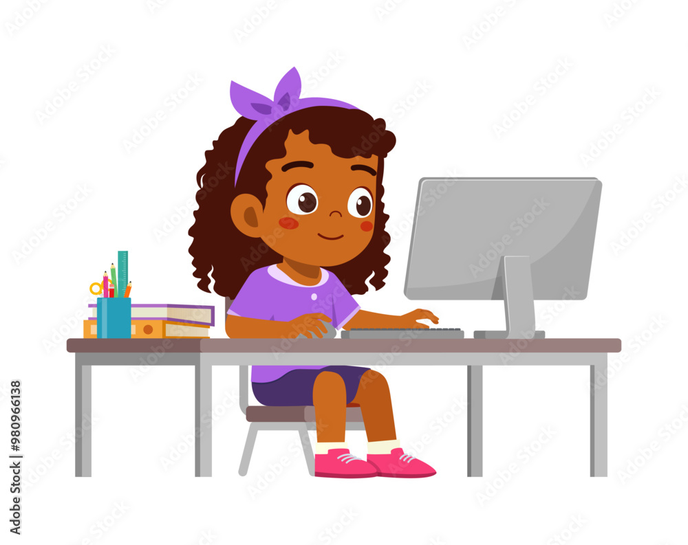 little kid study on desk and do e-learning little kid study on desk and do e-learning