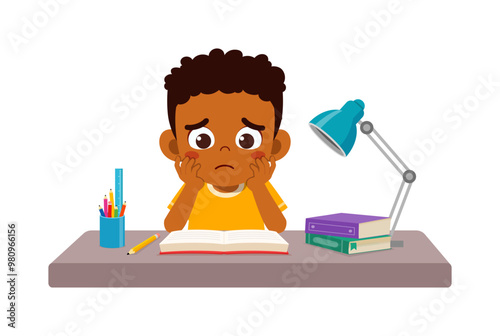 little kid study on desk and feel sad