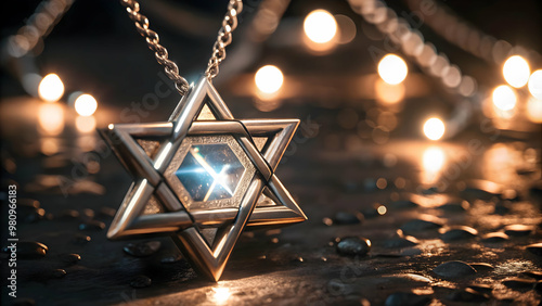 Futuristic Holographic Star of David Pendant: Close-Up of Intricate Details and Glowing Light Blend Tradition and Modern Spiritual Technology in Photo Stock