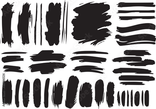 "Variegated Grunge Brush Strokes Collection on White Background. An assorted assortment of black grunge brush strokes perfect for textured designs and artistic graphics, isolated on white. Vector brus