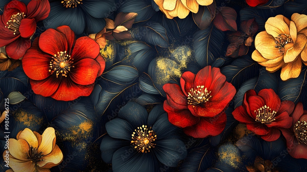 Elegant flower patterns with gold and dark tones, hyper-realistic, sharp, high-quality graphic illustration Elegant flower patterns with gold and dark tones, hyper-realistic, sharp, high-quality graphic illustration