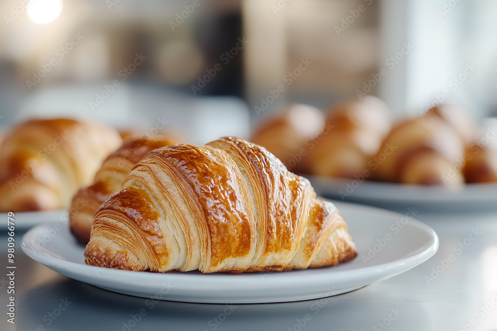 Golden Flaky Croissants Fresh from the Oven in Bakery Setting Golden Flaky Croissants Fresh from the Oven in Bakery Setting