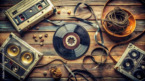 Retro cassette tape with worn label and tangled magnetic film, placed on a weathered wooden table, surrounded by photo