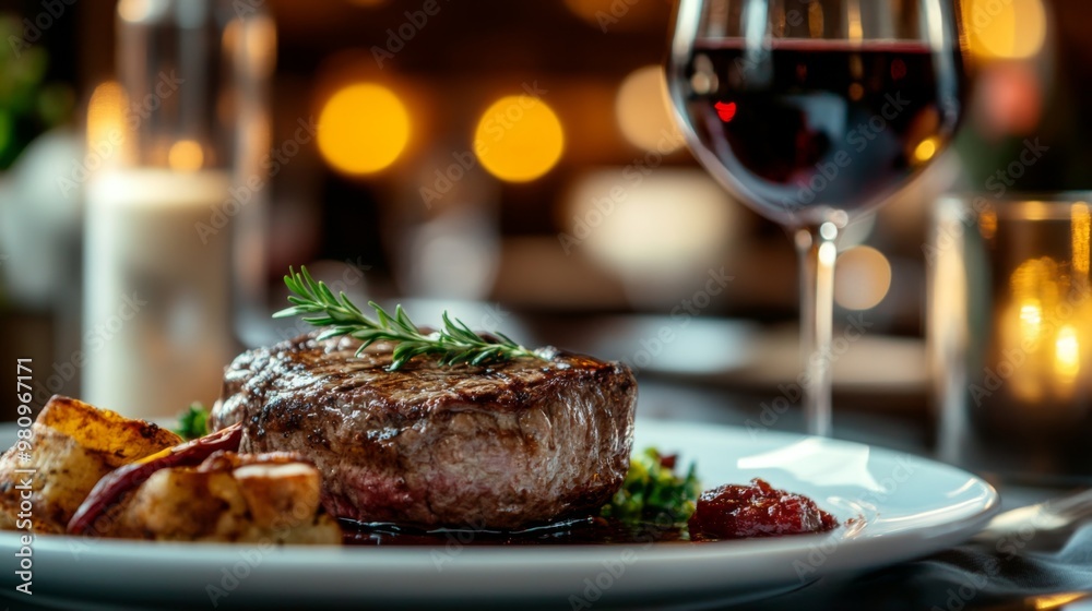 A fine dining setting with a beautifully plated steak, paired with gourmet sides and a glass of red wine, emphasizing an elegant and sophisticated meal. A fine dining setting with a beautifully plated steak, paired with gourmet sides and a glass of red wine, emphasizing an elegant and sophisticated meal.
