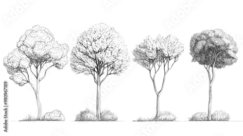 Architectural Drawings, Minimal style cad tree line drawing, Side view, set of graphics trees elements outline symbol for landscape design drawing. Vector illustration