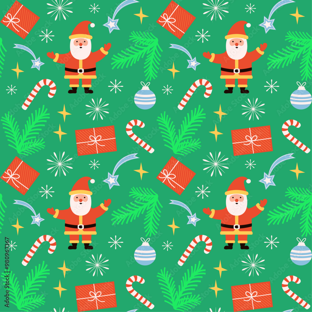 Fototapeta premium Christmas seamless vector pattern with Santa Claus and decorations, design for wallpaper, textile print, wrapping paper.