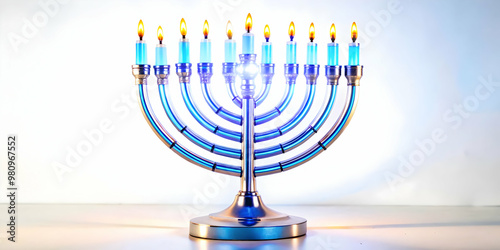 3D Macro Shot of Futuristic Menorah Base with LED Light Strips - High-Tech Close-Up on Intricate Details in Metallic Design - Isolated on White Background