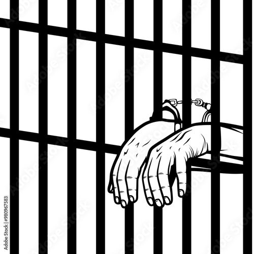 handcuffed prisoner behind bars in black and white vector line art