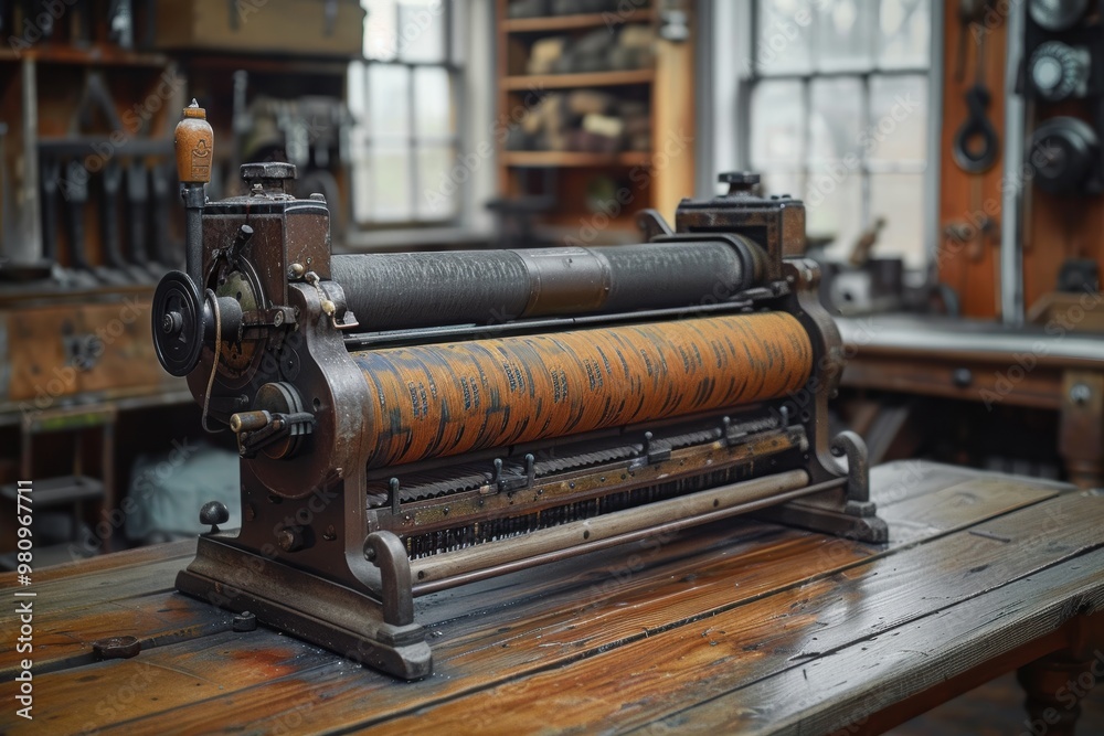 Fototapeta premium A beautifully aged antique printing press stands proudly in a well-organized wood and metal workshop, conveying a sense of history and craftsmanship embedded in the rustic industrial setting