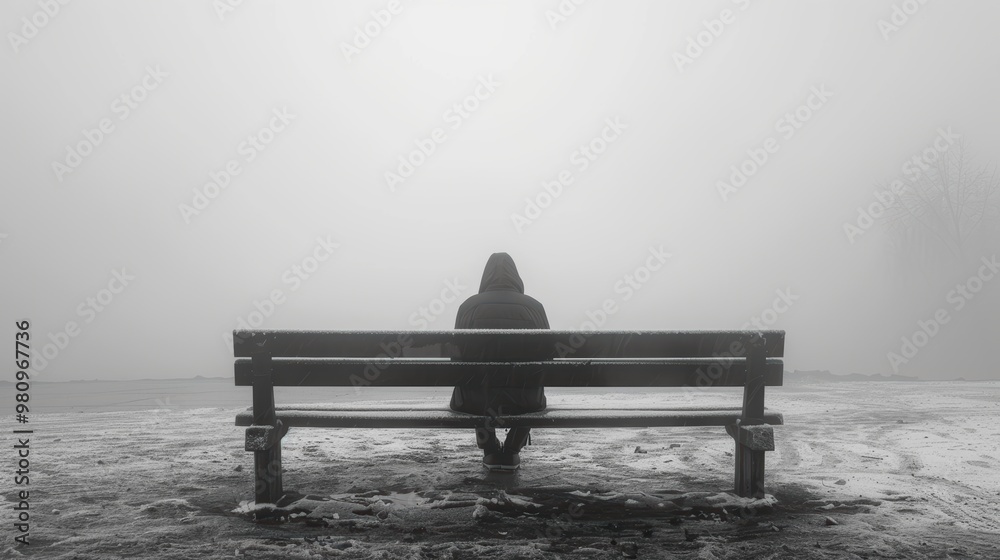 A lone figure in a hooded jacket sits on a wooden bench facing dense fog, creating a haunting, ethereal scene of solitude in a barren and desolate landscape A lone figure in a hooded jacket sits on a wooden bench facing dense fog, creating a haunting, ethereal scene of solitude in a barren and desolate landscape