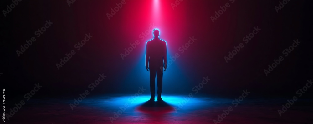 Fototapeta premium Silhouette of a person standing under vibrant colored lights, creating a striking and mysterious atmosphere.