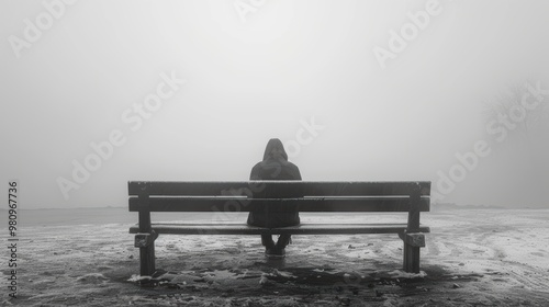 A lone figure in a hooded jacket sits on a wooden bench facing dense fog, creating a haunting, ethereal scene of solitude in a barren and desolate landscape