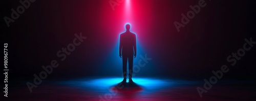 Silhouette of a person standing under vibrant colored lights, creating a striking and mysterious atmosphere.
