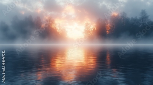 Calm Lake at Sunrise with Misty Forest Background