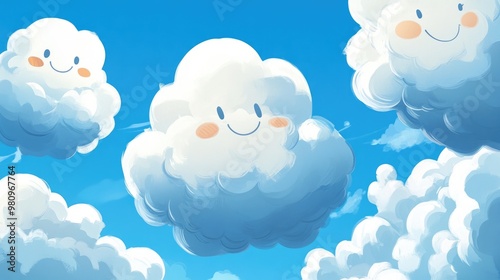 Charming cartoon clouds with smiling faces drift through a vibrant blue sky, creating a cheerful and whimsical atmosphere.