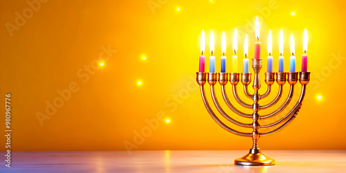 Vibrant Glowing Menorah: Abstract Digital Art with Candles for Hanukkah Celebrations � Festive Spiritual Atmosphere, Wide Angle Shot