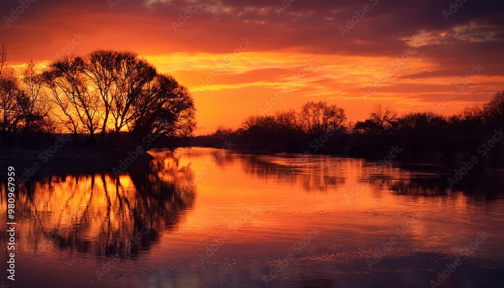 Obraz premium A fiery sunset reflects off a calm river, silhouetting bare trees and casting a warm orange glow across the landscape.