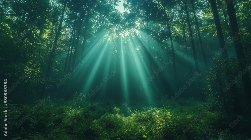Obraz premium Serene Forest with Sunlight Rays Breaking Through Trees
