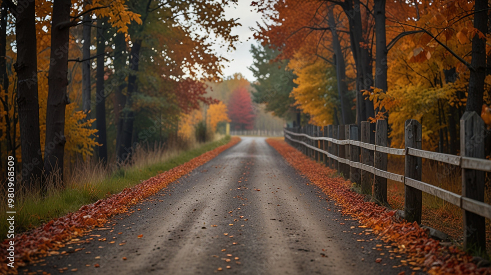 Fototapeta premium A quiet dirt road lined with a wooden fence winds through a rural landscape, with trees full of autumn leaves in shades of red and orange. The fence and road guide the eye through the scene, 