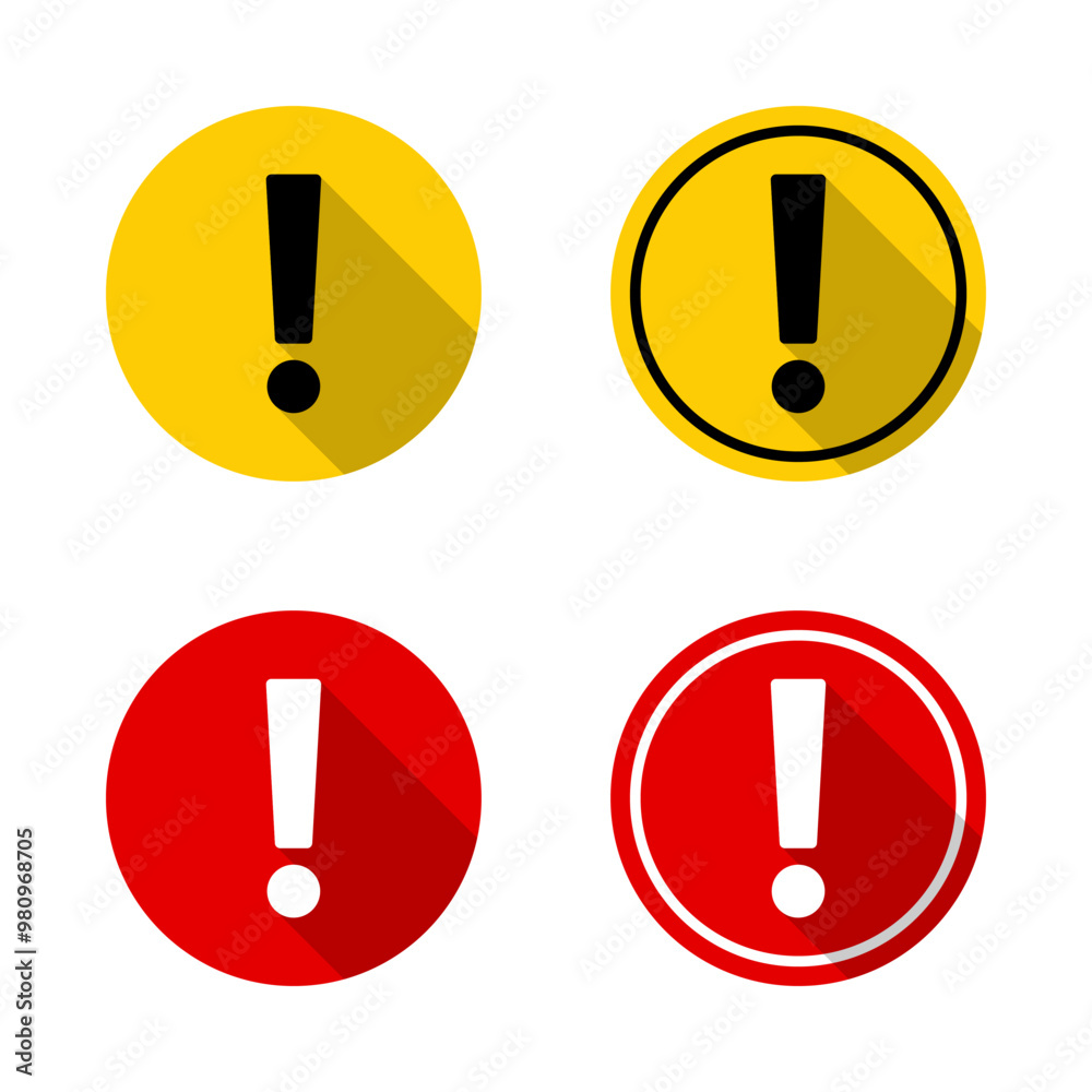 Circle warning sign, caution icon set with long shadow Circle warning sign, caution icon set with long shadow