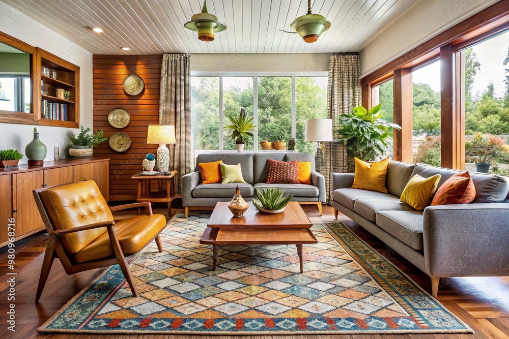 Retro-inspired mid-century modern home renovation featuring vintage-inspired decor,patterned rugs, and bold color Retro-inspired mid-century modern home renovation featuring vintage-inspired decor,patterned rugs, and bold color